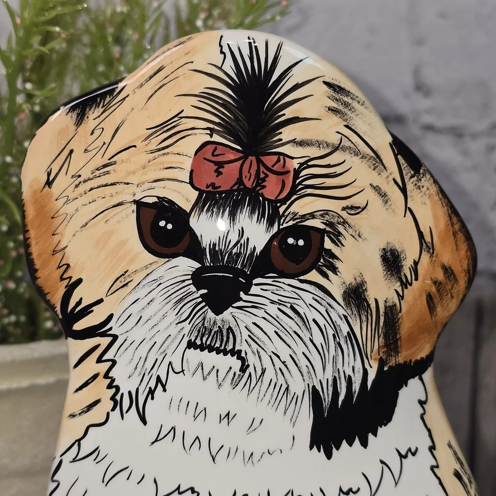 VINTAGE NINA LYMAN CERAMIC HAND PAINTED SHIH TZU DOG 8 INCH VASE